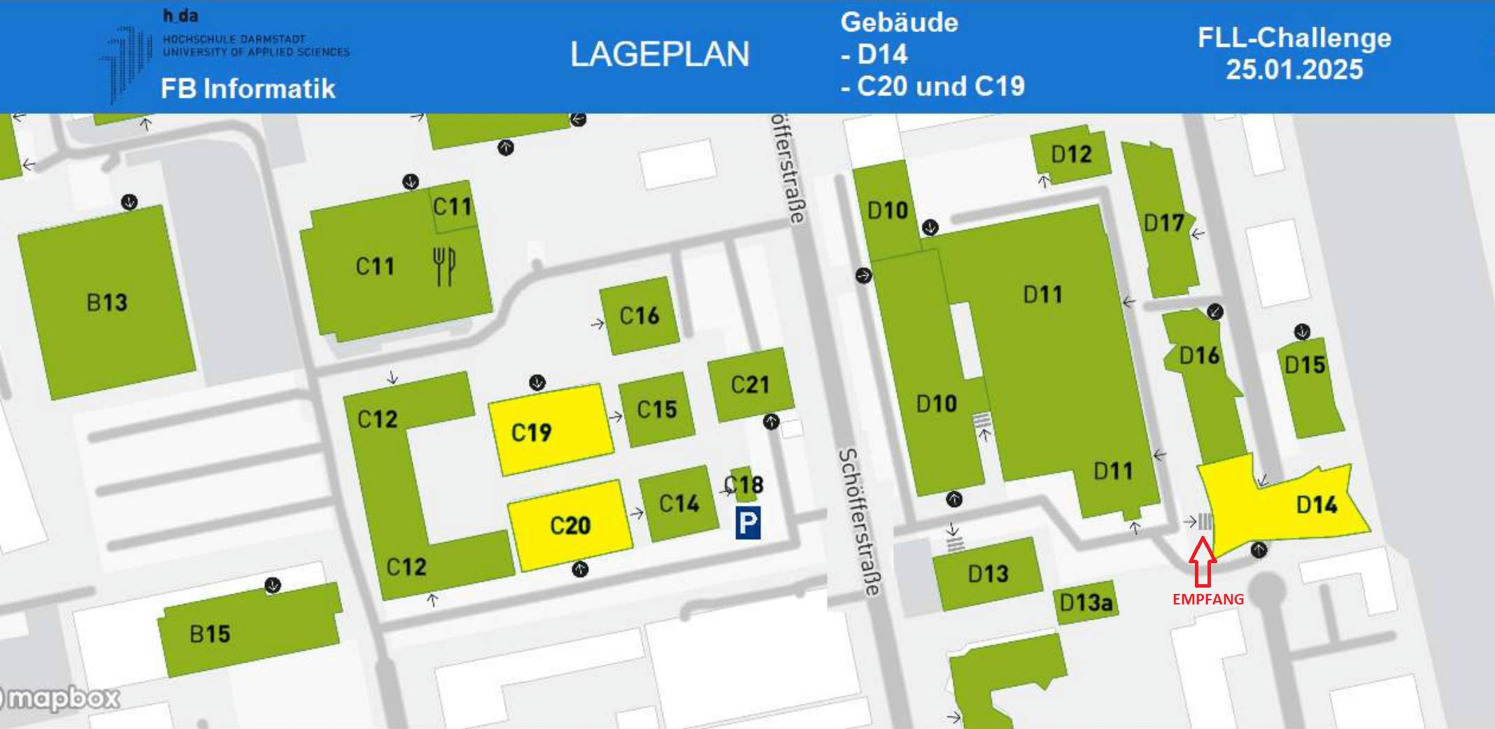 Lageplan der Gebäude D14, C20 und C19 auf dem Campus Schöfferstraße